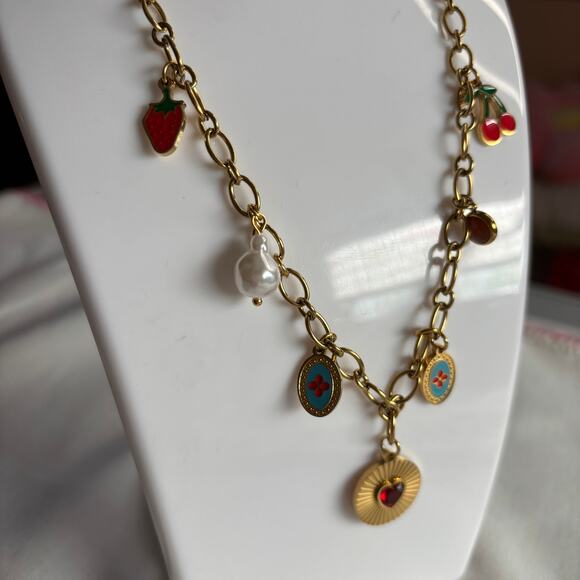 Love and Fruits Darling Charm Necklace NWT Gold Wide Chain Links Boho Hippie - Picture 2 of 8